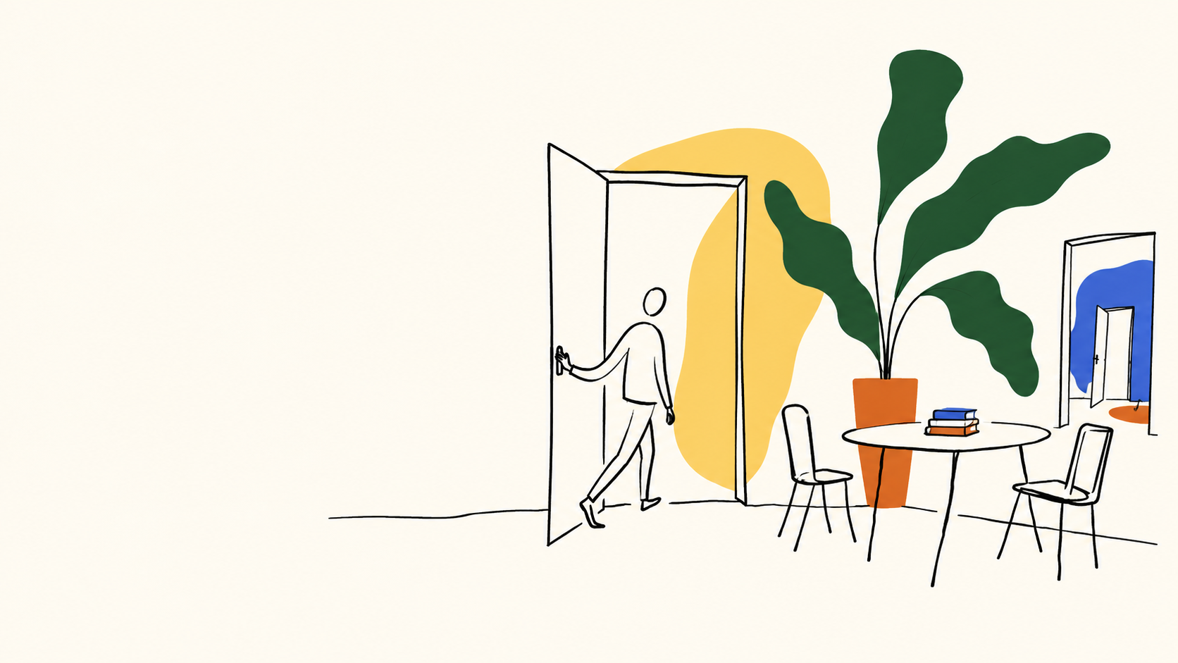 A simple line drawing of someone entering a room with books, a table, a plant and another open door beyond