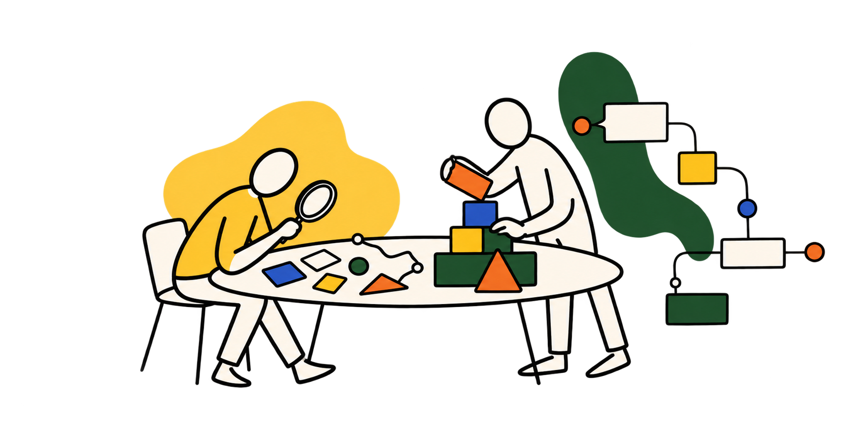 Two people examining evidence, fitting parts together and arranging a connected system